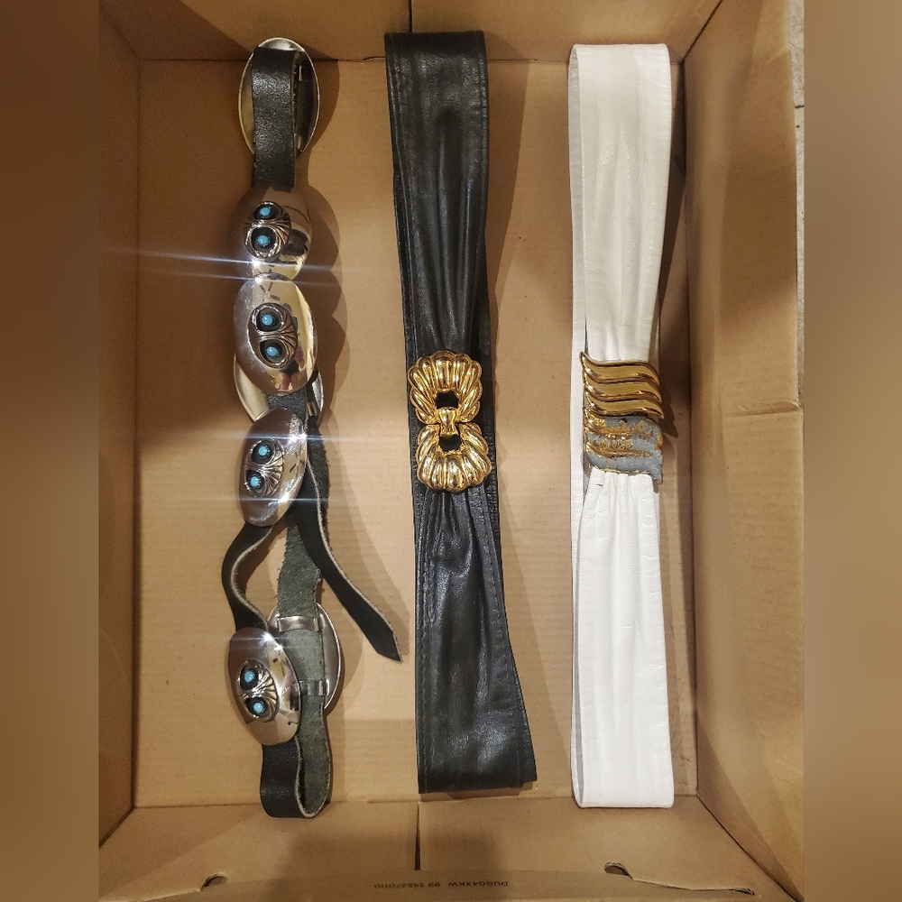 3 Belt Black and White and Silver  Belts with Silver and Gold Accents